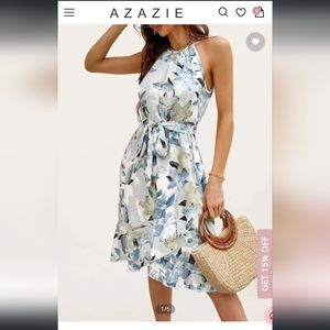Azazie Luxedo Sunny Bliss Light Blue Print Halter Ruffled Midi Dress XL